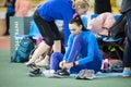 SUMY, UKRAINE - FEBRUARY 22, 2020: Iryna Gerashchenko getting ready to high jump final contest at Ukrainian indoor track and field Royalty Free Stock Photo