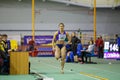 SUMY, UKRAINE - FEBRUARY 9, 2018: Rimma Hordiyenko - win second place performing long jump attempt in pentathlon