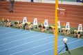 SUMY, UKRAINE - FEBRUARY 22, 2020: sportswomen on 60m hurdles sprint at Ukrainian indoor track and field championship Royalty Free Stock Photo