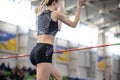 SUMY, UKRAINE - FEBRUARY 22, 2020: Yaroslava Mahuchikh wins in high jump contest at Ukrainian indoor track and field Royalty Free Stock Photo