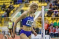 SUMY, UKRAINE - FEBRUARY 7, 2019: Yuliya Levchenko after her attempt in high jump competition on Ukrainian indoor track Royalty Free Stock Photo