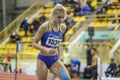 SUMY, UKRAINE - FEBRUARY 7, 2019: Yuliya Levchenko after her attempt in high jump competition on Ukrainian indoor track Royalty Free Stock Photo