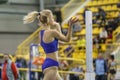 SUMY, UKRAINE - FEBRUARY 7, 2019: Yuliya Levchenko after her attempts in high jump competition on Ukrainian indoor track Royalty Free Stock Photo