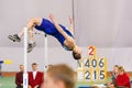 SUMY, UKRAINE - JANUARY 28, 2018: Vadym Kravchuk wins in high jump competition on Ukrainian indoor track and field team Royalty Free Stock Photo
