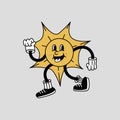 Cute funny Sun character. Retro Vector hand drawn cartoon character illustration icon. Royalty Free Stock Photo