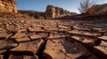 Sun-Baked Earth: A Close-Up of Cracked Mud Patterns Beneath a Towering Sandstone Mesa Royalty Free Stock Photo