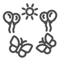 Sun and balloons with butterflies line icon, 1st June children day celebration concept, summer holidays in childhood