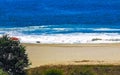 Sun beach sand surfer waves palms in Puerto Escondido Mexico