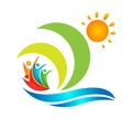 Sun beach water wave people team work union wellness celebration boat concept symbol icon design vector on white background Royalty Free Stock Photo