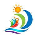 Sun beach water wave people team work union wellness celebration boat concept symbol icon design vector on white background Royalty Free Stock Photo