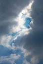 Sun Beam Penetrating Through Dark Cloud Over The Blue Sky