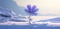 the sun beams down on snow and a purple flower,