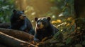 two sun bears are relaxing in the morning in the forest