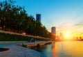 Sun and the beautiful sunset over the city center and city pond of Yekaterinburg in summer Royalty Free Stock Photo