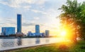 Sun and the beautiful sunset over the city center and city pond of Yekaterinburg in summer Royalty Free Stock Photo