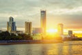 Sun and beautiful sunset over the city center and city pond of Yekaterinburg in summer Royalty Free Stock Photo