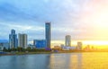 Sun and beautiful sunset over the city center and city pond of Yekaterinburg in summer Royalty Free Stock Photo