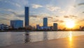 Sun and the beautiful sunset over the city center and city pond of Yekaterinburg in summer Royalty Free Stock Photo