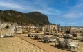 sun bed benches in the cleopatra beach located in alanya, Antalya, Turkey White beach bed at outdoor seaside turquoise sea or