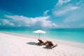Sun beds and umbrella on beautiful sandy beach. Solitude from society. Concept of heavenly delight. Generative AI