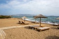 Sun beds and umbrellas at Soros beach on Antiparos
