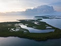 Aerial View of Sunset and Tropical Islands in Caribbean Royalty Free Stock Photo