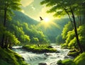 the sun behind the clouds, flying birds, Summer landscape. A beautiful green forest, Generative AI, Generative, AI Royalty Free Stock Photo
