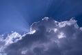 Sun behind clouds. Sun`s rays dissect blue sky Royalty Free Stock Photo