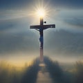 Sun behind a crucifix on a misty day