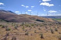 Wind turbines silhouetted by morning sun. Oregon and Washington