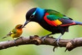 Sun-bird Female feeding new born chicks on branch, Sun-bird