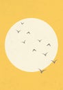 Sun and birds aesthetic illustration poster. Bohemian style