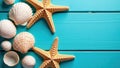 Sun bleached shells and starfish arranged on a rustic blue wooden surface , travel, holiday, starfish Royalty Free Stock Photo