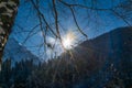 The endless winter sky in the mountains, the sun is blinding... Royalty Free Stock Photo