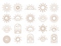 Sun boho logo, yoga icons. Sunset and moon celestial line elements, mystic zodiac eye, magic bohemian rainbow. Outline