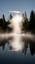 Sun Breaking Through Mist Over a Forest Lake with Reflections at Dawn image photo Royalty Free Stock Photo