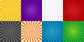 Sun burst background. Comic ray of starburst. Set of red, green, blue, orange and gray cartoon sunburst backgrounds. Abstract pop Royalty Free Stock Photo