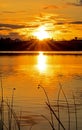 Sun Burst At Sunrise Over Island Lake Royalty Free Stock Photo