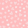 Sun, butterflies, hearts and crowns drawn by hand. Cute girly seamless pattern.