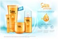 Sun care cream tube, bottle, spray. Sun protection cosmetic products. 3D illustration. Vector mock up