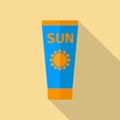 Sun Care. Sun Protection. Tube sunscreen flat icon blue and orange color with long shadow on light yellow background