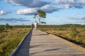 Sun casting low light during calm Sunset in summer over Wooden footpath Royalty Free Stock Photo