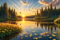 Sun Casting Warm Golden Hues on a Serene Lake, Butterflies Fluttering Above Wildflowers, Pristine Reflections