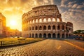 The sun casts a warm glow as it sets behind the iconic Colosseum in Rome, Italy, Ancient Roman colosseum under the setting sun, AI Royalty Free Stock Photo