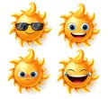 Sun character vector set. Sun cute summer characters in different expressions like angry, laughing and smiling in 3d realistic.