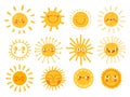 Sun characters. Cartoon sunshine emoji with funny faces. Children nursery decoration with sunny day designs. Kid happy