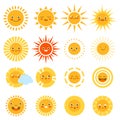 Sun characters. Cute happy summer weather icons, childish sunny emotion, funny beach smiles, sunshine baby emoji, yellow