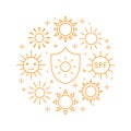 Sun circle concept with flat line icons. Sunshine, sunny weather round poster, summer heat, skin care sunblock vector