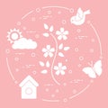 Sun, cloud, bird, flower, butterfly, birdhouse. Royalty Free Stock Photo