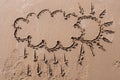Sun and cloud drawing on beach sand Royalty Free Stock Photo